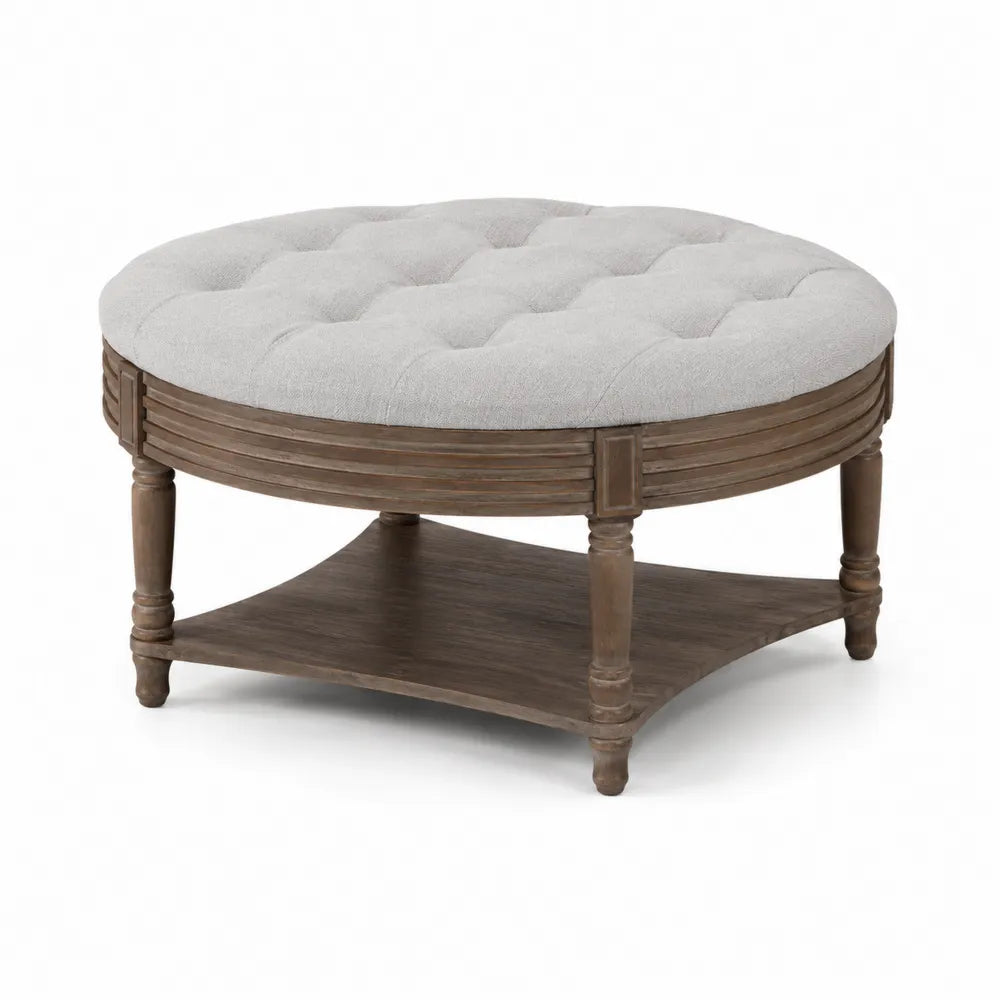 Repose-pieds rond en bois et tissu gris 80 cm