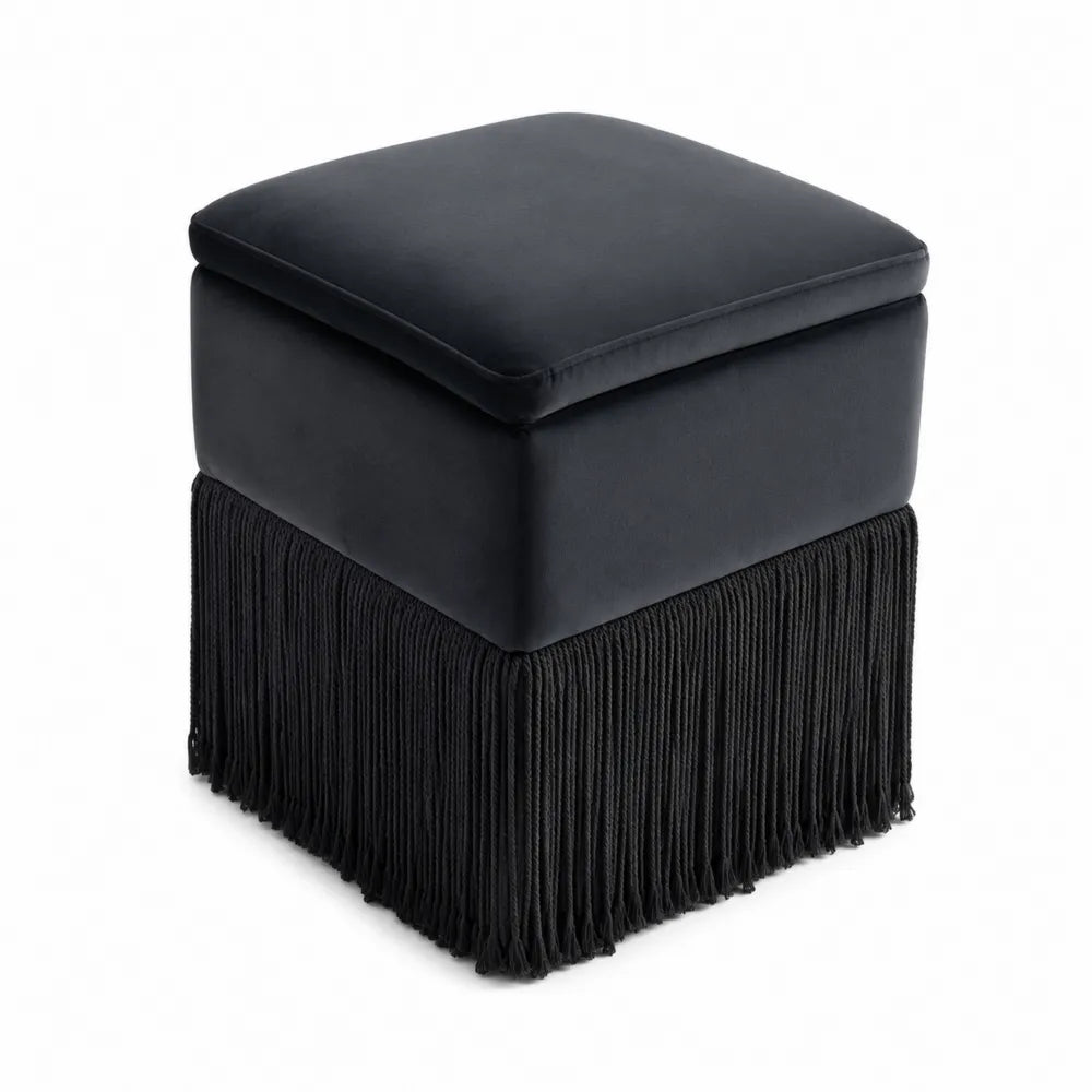Tabouret en velours avec franges Noir 40x40x45cm