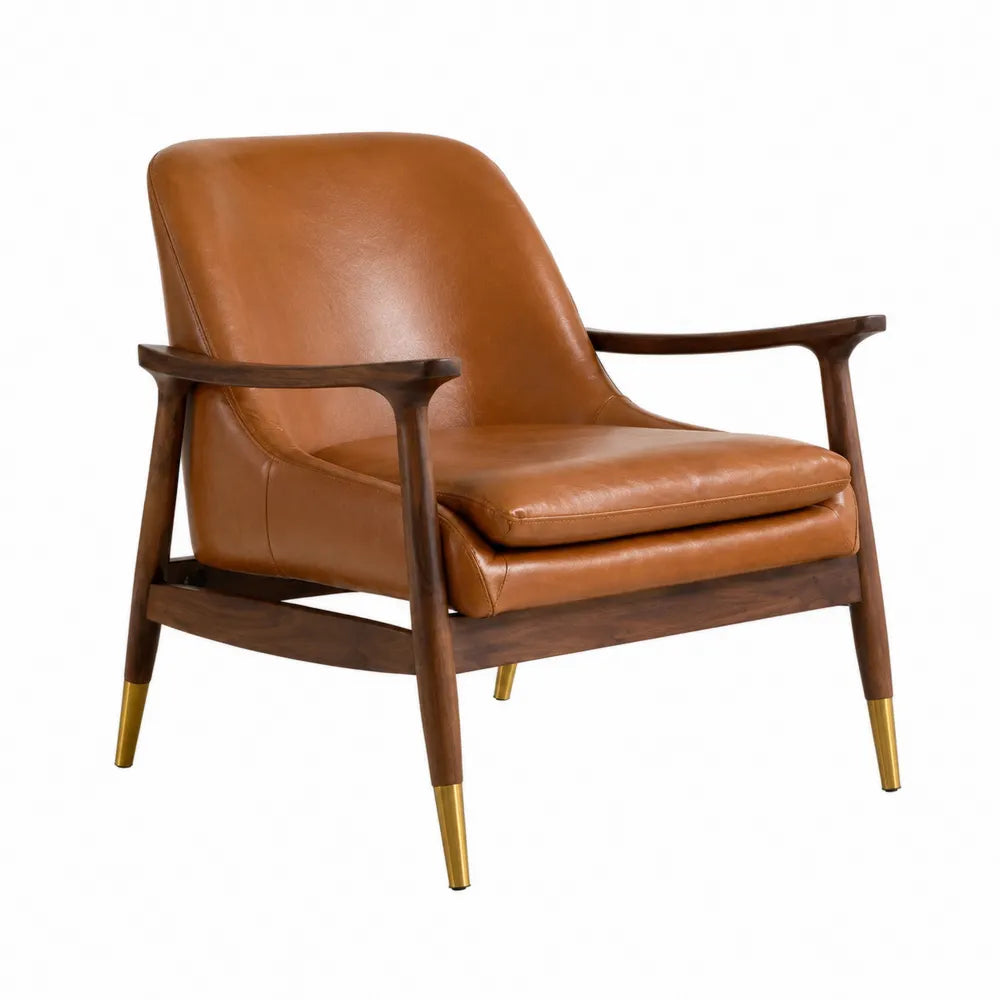 Fauteuil en cuir avec cadre en bois de noyer et pieds en laiton