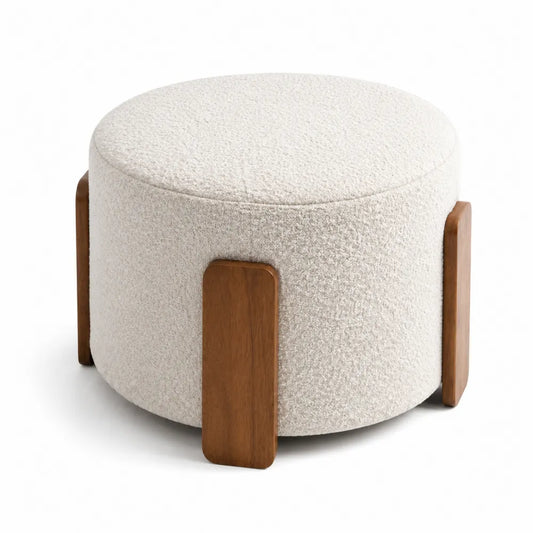 Repose-pieds rond en tissu bouclé crème avec pieds en bois