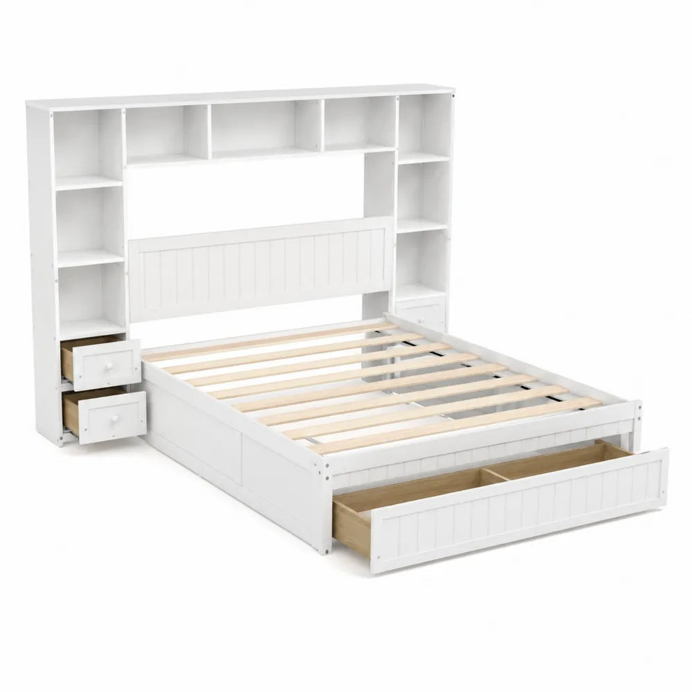 Lit en bois avec rangement intégré et bibliothèque Blanc