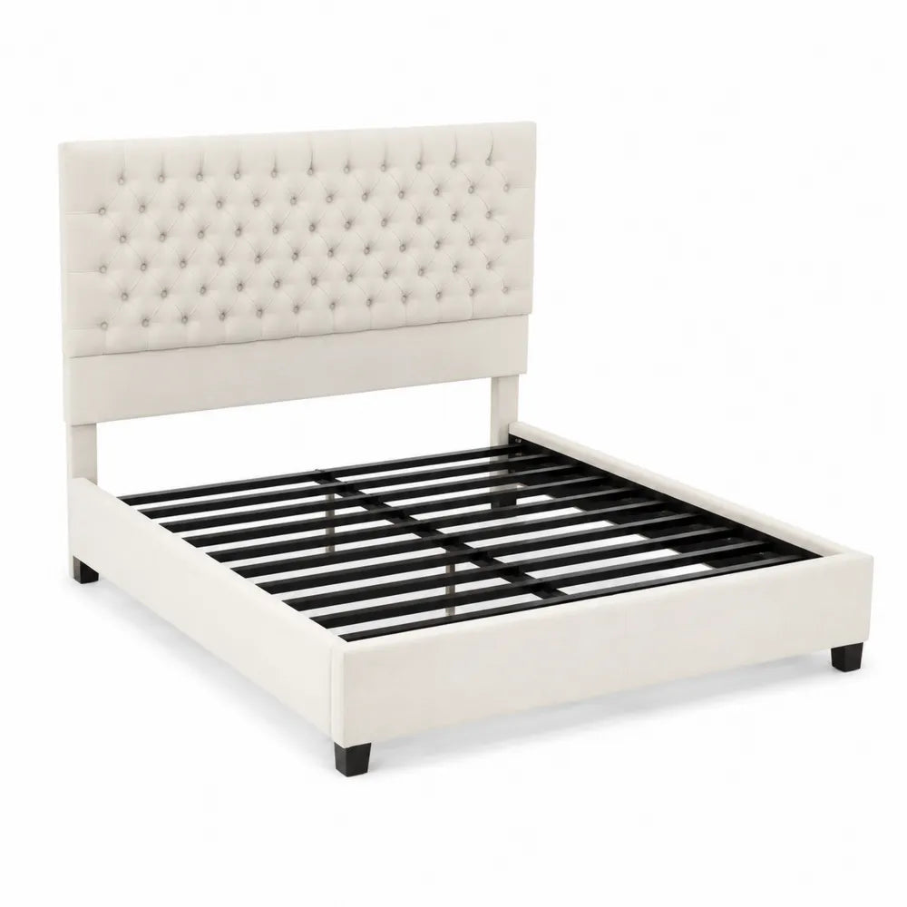 Lit double en tissu avec tête de lit capitonnée et cadre en métal 160x200 cm Crème