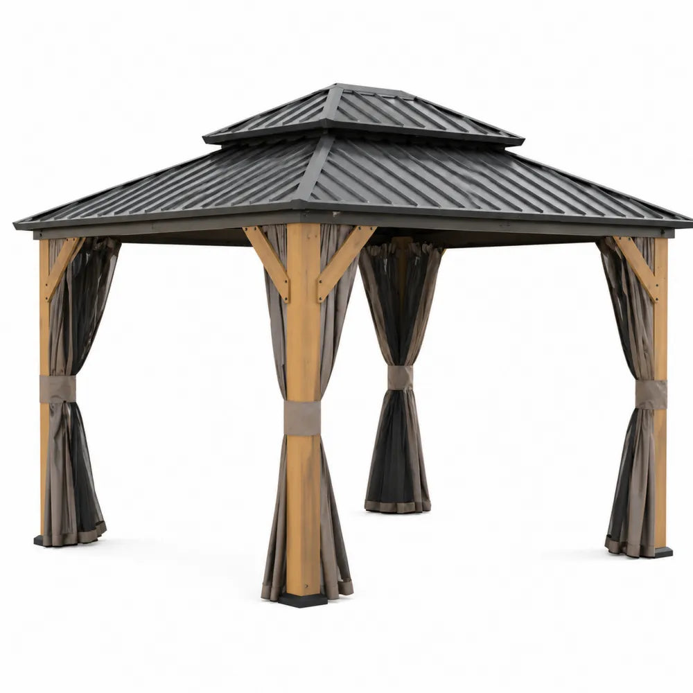 Tonnelle de jardin en bois et métal avec rideaux en polyester
