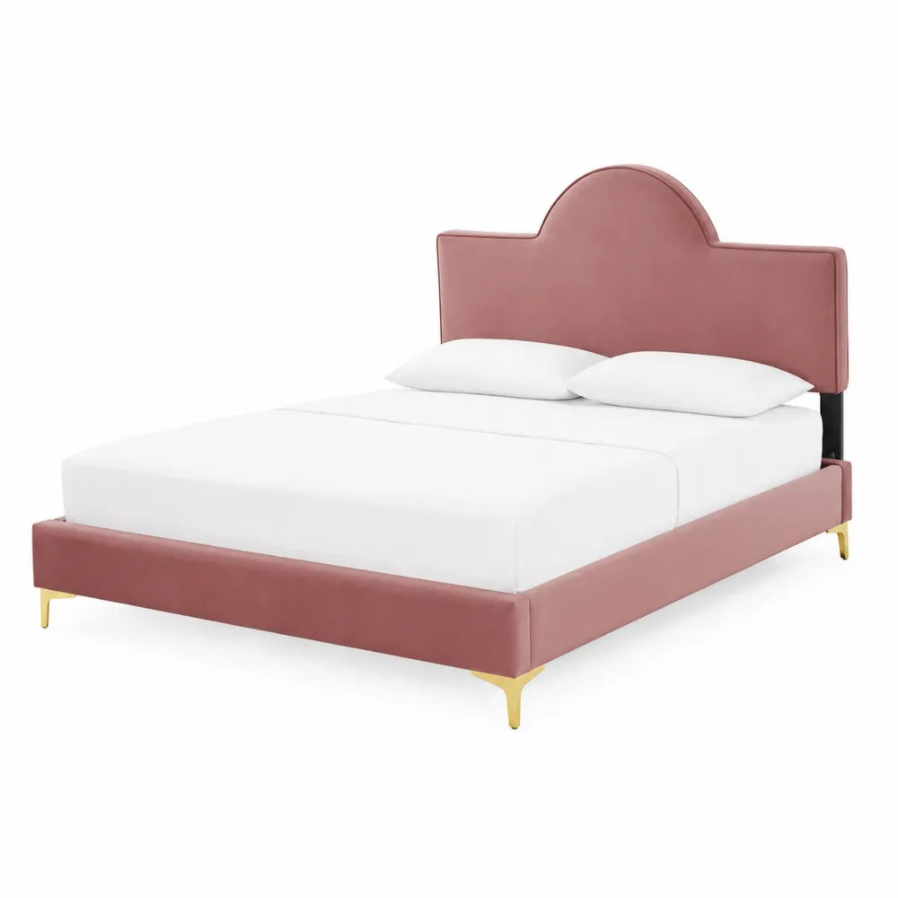 Lit double en velours avec pieds en métal doré 160x200cm Rose