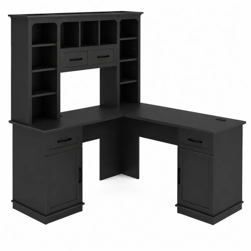 Bureau d'angle en panneau de fibres de bois noir avec rangements 150x150x75 cm